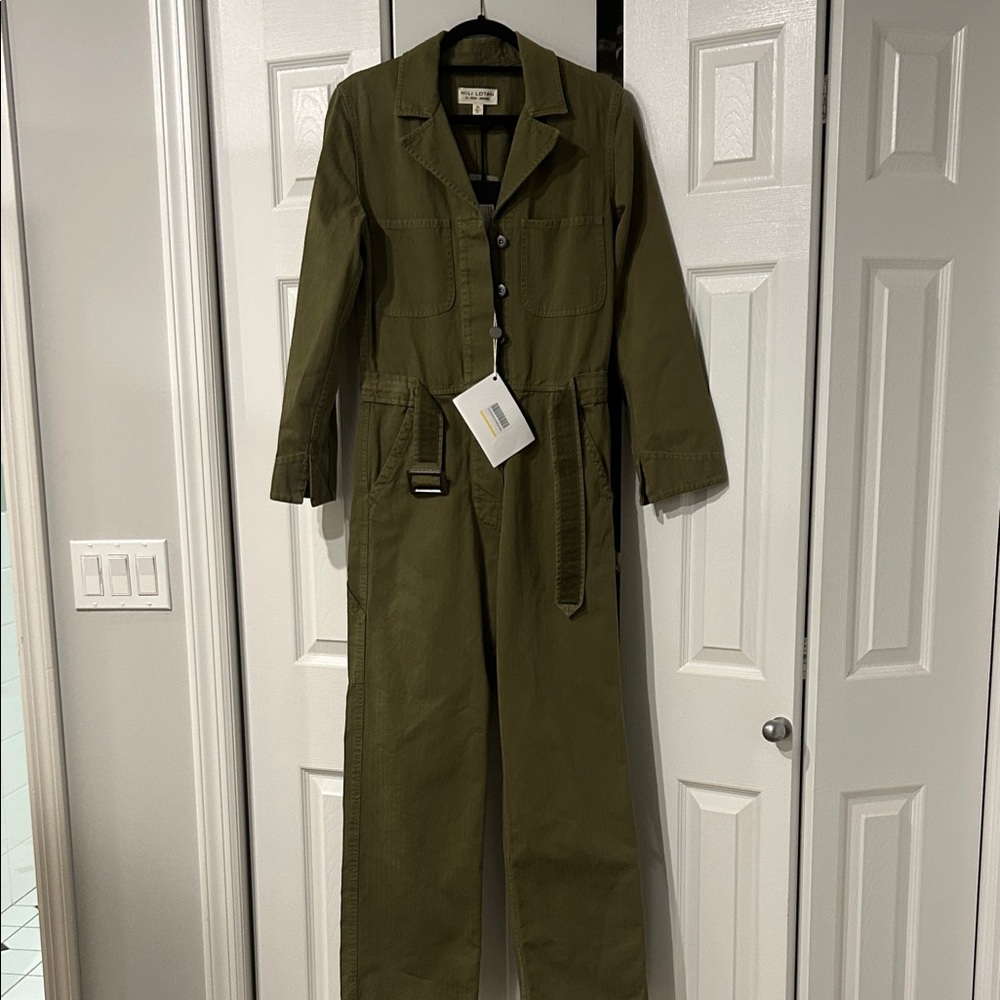 Brand new with tags Nili Lotan Olive Green belted straight-leg Jumpsuit